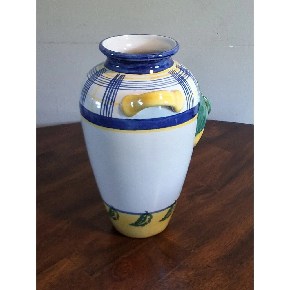 Vintage Ceramic Vase Blue Yellow 3D Lemon 10.5